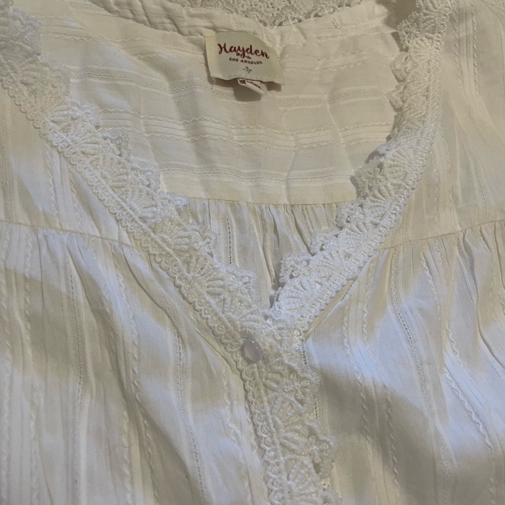 Hayden White Short Sleeve Button-Front Blouse with Lace Trim
